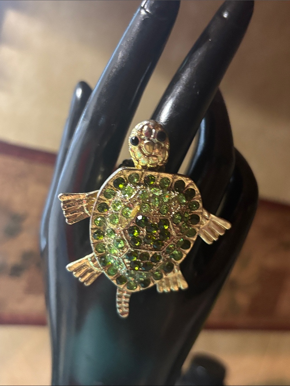 Gold-Tone Turtle ring with Green rhinestone Crystal Accents